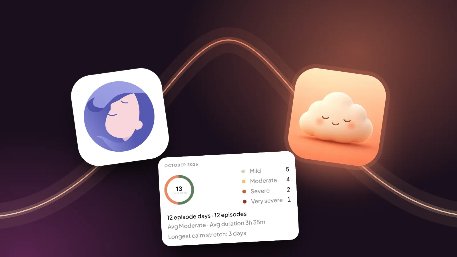 The Migraine Buddy app icon and the Easing cloud icon facing each other, with Easing's This week card between them, on a dark plum background.