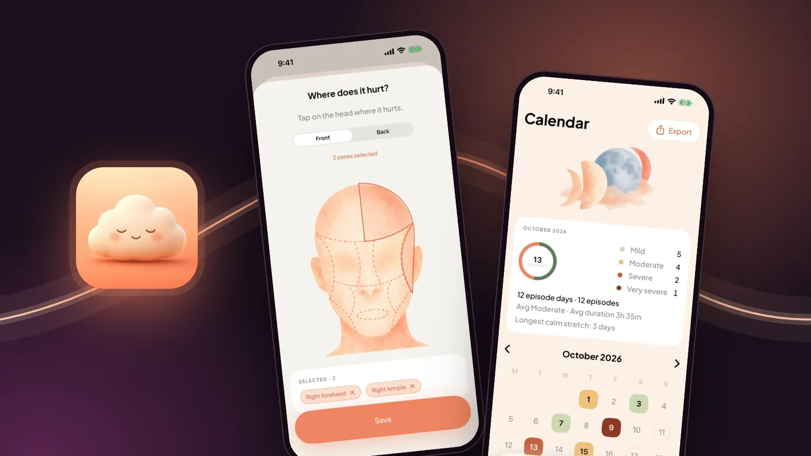 Easing's Today screen in a phone, with cards cut from the app around it: the head map selection, "Feeling one coming on?" and the End attack button, on a dark plum background.