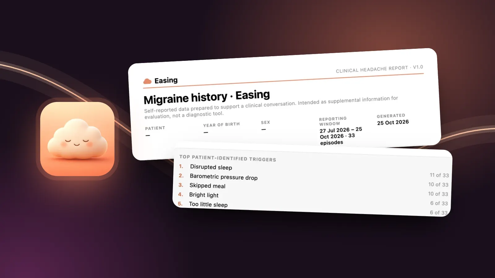 The top of an Easing PDF report, Migraine history, and its list of patient-identified triggers, on a dark plum background.