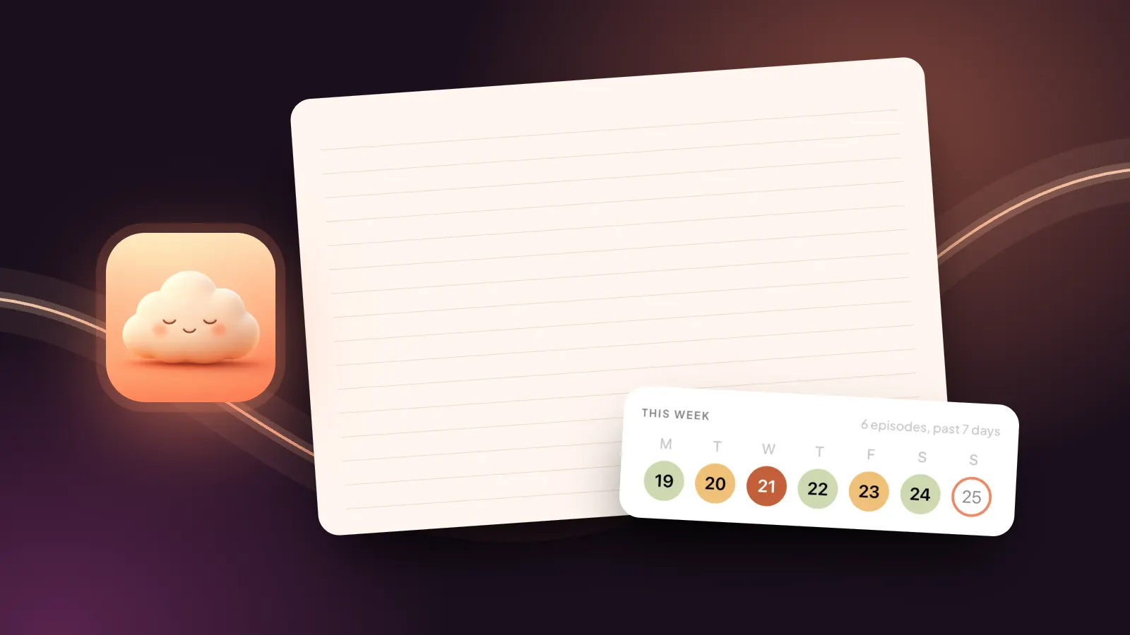 The printable headache diary sheet and the top of an Easing PDF report laid on a dark plum background, with a coral streak.