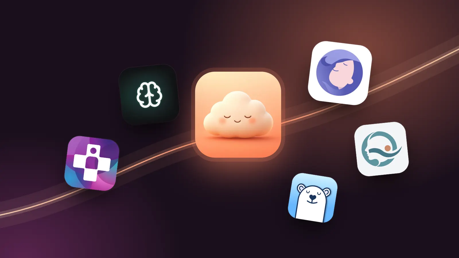 App icons of Migraine Buddy, Migra, Cephalo, N1-Headache and Bearable around the Easing cloud icon, on a dark plum background with a coral streak.
