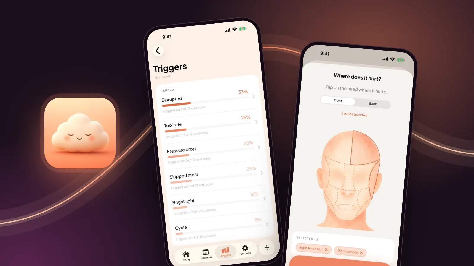 Easing's Triggers screen with sample data in a phone, with the top-trigger card and the weather and Apple Health settings rows around it, on a dark plum background.