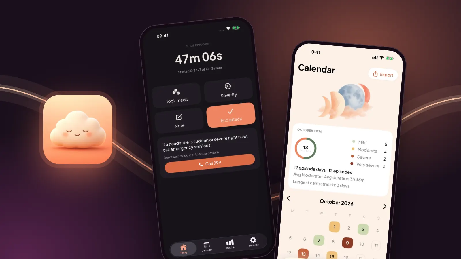 Easing's attack screen with a running timer next to its calendar screen, on a dark plum background.