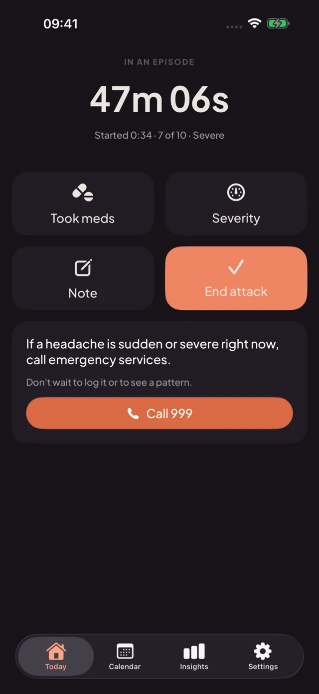 Easing's dark attack screen showing a running timer, buttons for Took meds, Severity, Note and End attack, and a reminder to call emergency services if a headache is sudden or severe.