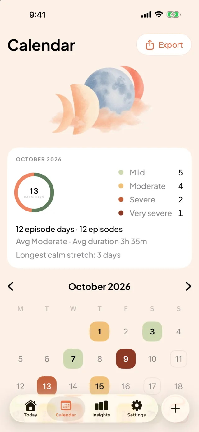 The Calendar screen, with sample data for October 2026: a summary ring of calm days, counts by severity, and days coloured from mild to very severe.
