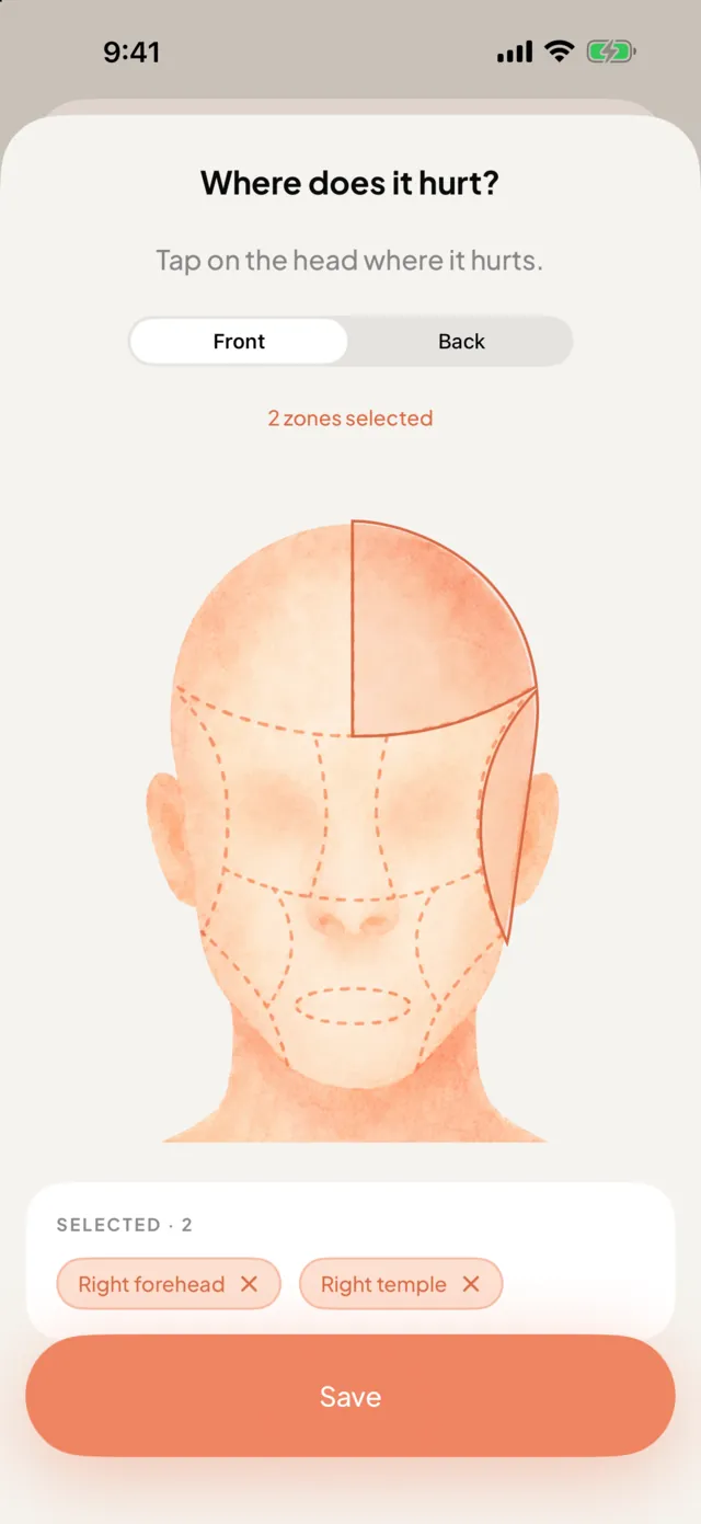 The 'Where does it hurt?' screen with a front view of a head map, the right forehead and right temple selected.