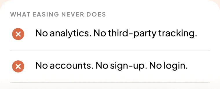 What Easing never does: no analytics, no third-party tracking, no accounts, no sign-up, no login.