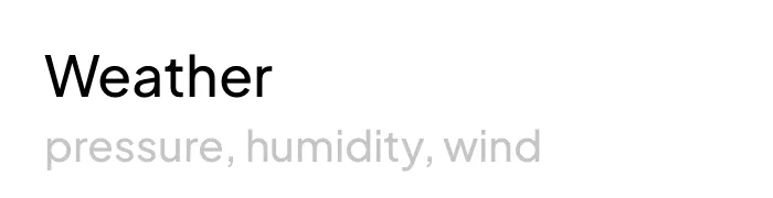 Settings row: Weather, pressure, humidity, wind.